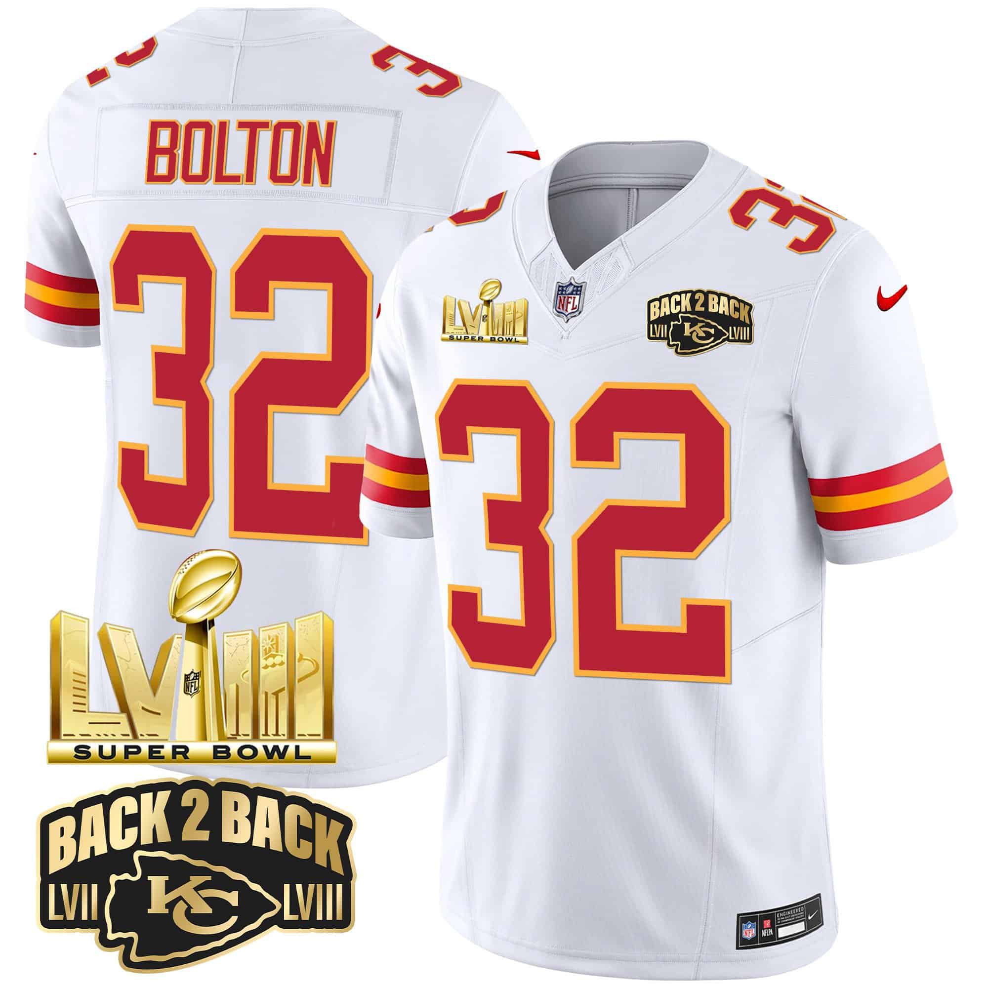Men Kansas City Chiefs #32 Bolton White 2024 Nike Super Bowl LVIII & Back-2-Back Gold Patch Vapor NFL Jersey->indianapolis colts->NFL Jersey